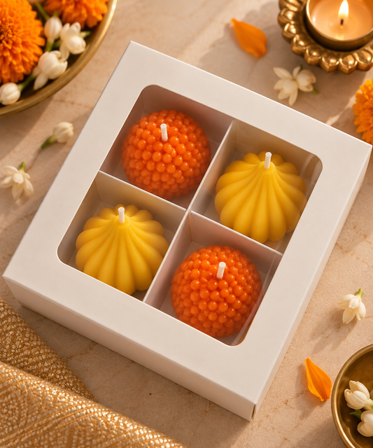 The Indian Sweet Box Candle – Set of 4 | Handmade Soy Wax Scented Diwali Candles