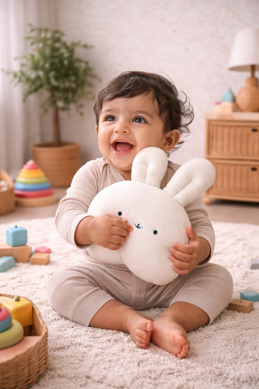 Bunny Bloom Comfort Pillow | Bamboo Cotton Terry Soft Toy | Eco-Friendly Nursery Decor