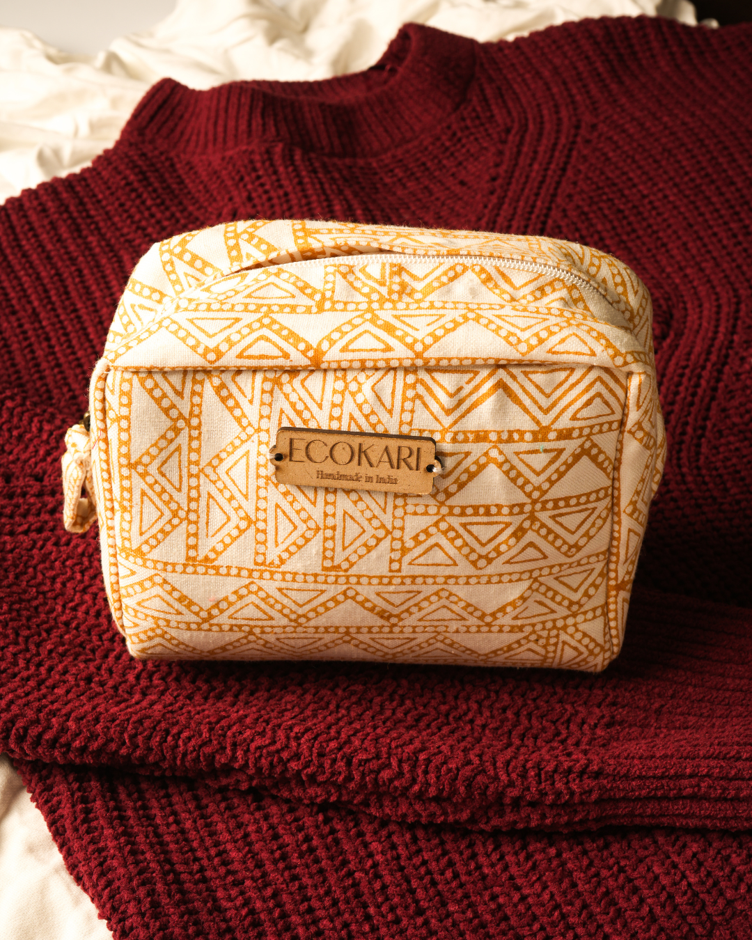 Mustard Maze Hemp Travel Pouch | Block Printed Design