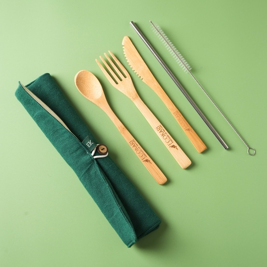 Bamboo Cutlery Set with Organic Cotton Pouch