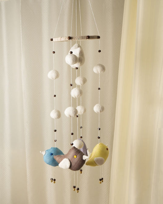 Whispering Birds & Clouds Mobile | Handmade Bamboo Terry & Hemp Nursery Decor | Baby Crib Mobile