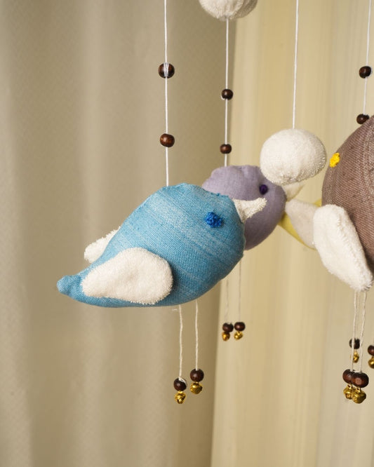 Whispering Birds & Clouds Mobile | Handmade Bamboo Terry & Hemp Nursery Decor | Baby Crib Mobile